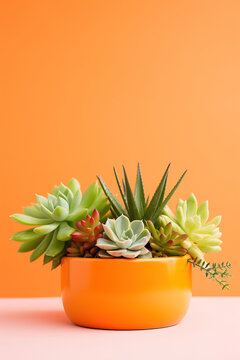 minimalistic orange background with succulents, with empty copy space