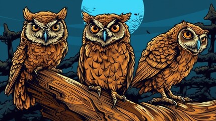 Wise owls sitting on a tree stump. Fantasy concept , Illustration painting.