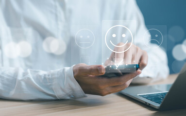 best feedback customer, touch icon happy smile, review of the client, experience positive with business top quality. satisfaction survey concept in service of the user on a website digital online. 