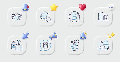 Buildings, Pets care and Destination flag line icons. Buttons with 3d bell, chat speech, cursor. Pack of Bitcoin, Hold heart, Dislike icon. Food delivery, Add handbag pictogram. Vector © blankstock
