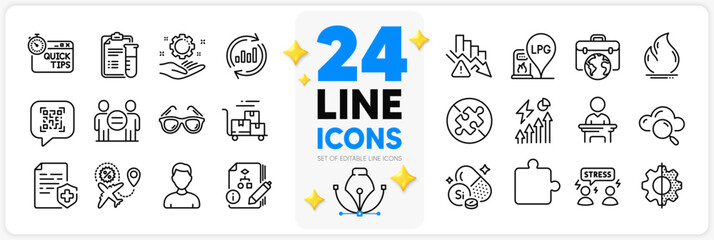 Icons set of Quick tips, Puzzle and Sunglasses line icons pack for app with Flight sale, Employee hand, Difficult stress thin outline icon. Medical analyzes, Medical certificate. Vector