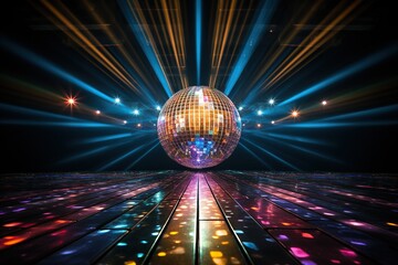 Multicolored disco ball in a dark empty room. Reflections of light on a disco ball