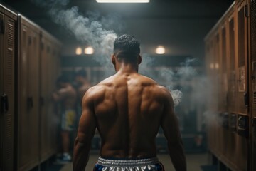 Back view of Boxer standing in locker room, Naked muscular athlete, sporty man prepared for fight. - Powered by Adobe