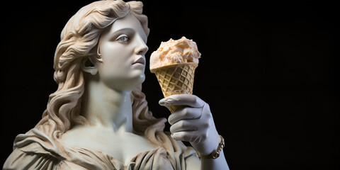 Ancient Greek and Roman Marble Sculpture Enjoying Ice Cream - obrazy, fototapety, plakaty