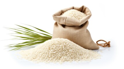 white rice in a sack bag isolated on a white background