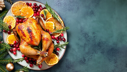 Grilled or Roasted whole chicken with oranges ,rosemary and cranberries on table for Thanksgiving or Christmas Dinner - obrazy, fototapety, plakaty