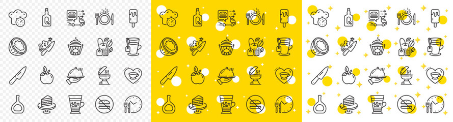 Outline Food time, Knife and Grill line icons pack for web with Ice cream, Food delivery, Tea line icon. Coconut, Pasta, Vegetable pictogram icon. Love coffee, Alcohol free, Cake. Vector