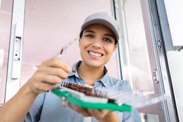 woman with kit of tools installing aluminium window