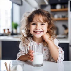 Cute little girl drinking milk at table in kitchen