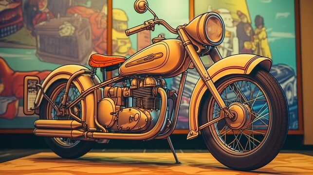 Vintage motorcycle on display at a museum. Fantasy concept , Illustration painting.