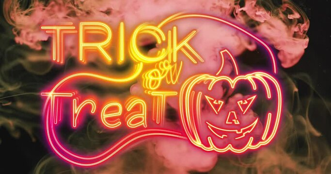 Animation of trick or treat text and pumpkin over pink smoke background