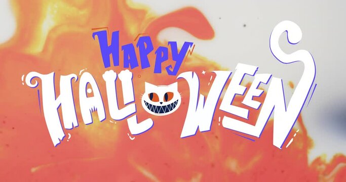 Animation of happy halloween text and cat over orange and white background