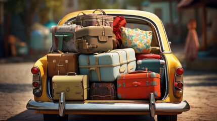 Car trunk with luggage with seaside on background. Travel concept - obrazy, fototapety, plakaty