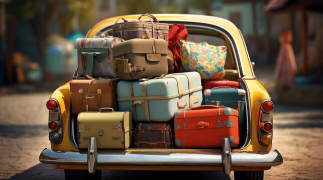 Car trunk with luggage with seaside on background. Travel concept