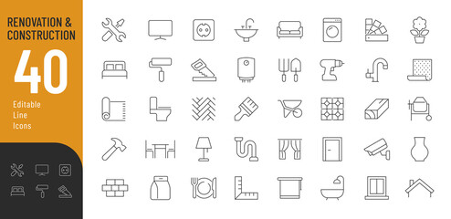 Construction and Renovation Line Editable Icons set. Vector illustration in modern thin line style of  home repair related  icons: finishing building materials, household appliances, furniture, decor - obrazy, fototapety, plakaty