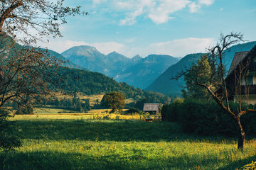 Obraz premium Bohinj valley below Julian Alps in Triglav national park in Slovenia