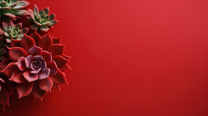 minimalistic red background with succulents, with empty copy space