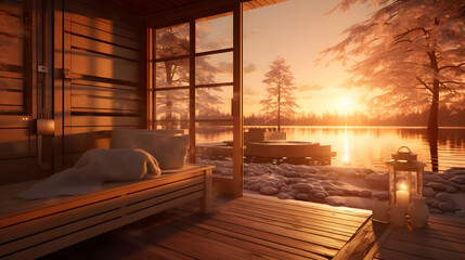 Create a mesmerizing image of a sauna at golden hour, with the sun setting in the background. Showcase the warm, inviting glow of the sauna's interior while highlighting the surrounding natural beauty