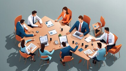 Business meeting scene top view. Businessmen, businesswoman sitting around desk discussing, brainstorming, shaking hands. Vector simple outline illustration Isolated on transparent.