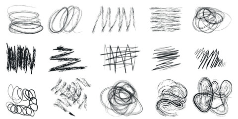 Abstract grunge charcoal scribble stripes, handdrawn doodle bold shapes. Chalk crayon or marker doodle rouge freehand scratches. Vector illustration of lines, waves, arrows, squiggles by brushstroke