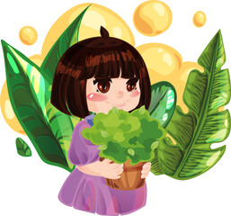 cute girl takes care of plants