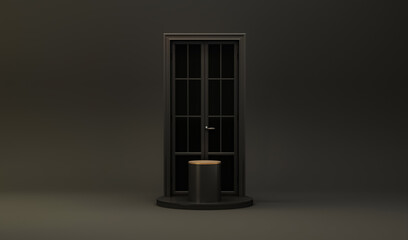 Closed door in a dark room with abstract podium , black background. Modern minimal concept with clothes hanging on a rack. Creative composition. Black friday.3d render