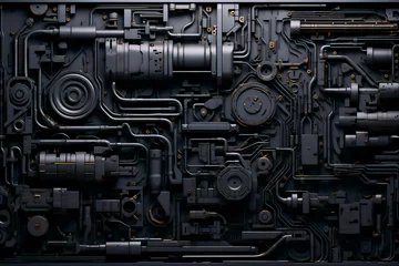 Foto op Plexiglas Mechanical equipment and pipes background wall, cyberpunk metal style background © LeoOrigami