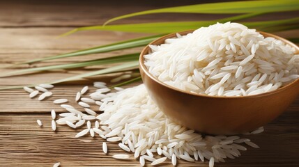 top view of White rice with paddy rice ears on a wood background.