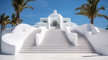 Fototapeta premium White architecture on mediterranean island, Greece. Summer seascape. View of the sea and the blue sky with white cloud. Travel and summer vacations concept
