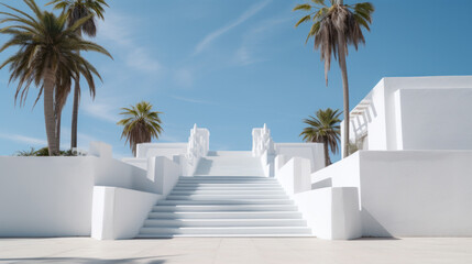 White architecture on mediterranean island, Greece. Summer seascape. View of the sea and the blue sky with white cloud. Travel and summer vacations concept