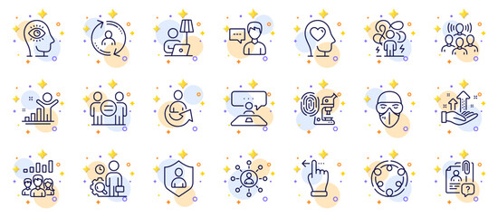 Outline set of Person talk, Fingerprint research and User info line icons for web app. Include Search employee, Share, Mental health pictogram icons. Security, Touchscreen gesture. Vector