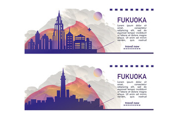 Japan Fukuoka city banner pack with abstract shapes of skyline, cityscape, landmarks and attractions. Kyushu region town travel vector illustration set for brochure, website, page, presentation