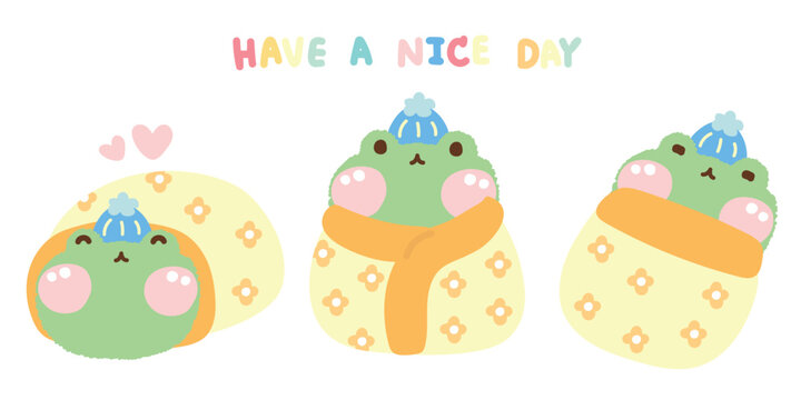 Set of cute frog doll relax in various poses cover with a flower pattern blanket.Reptile animal character cartoon design.Sleep.Winter.Pastel.Kawaii.Vector.Illustration.