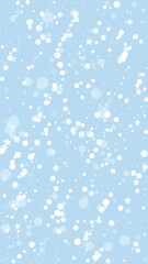 Falling snowflakes christmas background. Subtle flying snow flakes and stars on light blue winter backdrop. Beautifully falling snowflakes overlay. Vertical vector illustration.