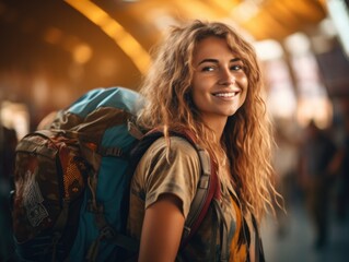 Obraz premium Traveling young woman with a backpack. Vacation and travel. Life style.