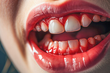 A patient's mouth exhibits signs of gingivitis, with bleeding gums and inflammation, a condition that necessitates dental care to address the periodontal disease.