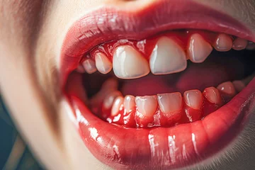 Deurstickers A patient's mouth exhibits signs of gingivitis, with bleeding gums and inflammation, a condition that necessitates dental care to address the periodontal disease. © EdNurg