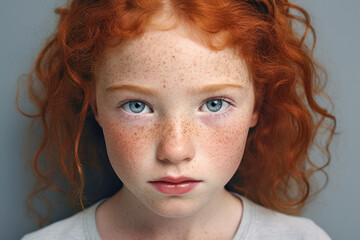 The portrait of a young red-haired girl with freckles captures her emotion, revealing a moment of upset in her expressive eyes and face. - obrazy, fototapety, plakaty