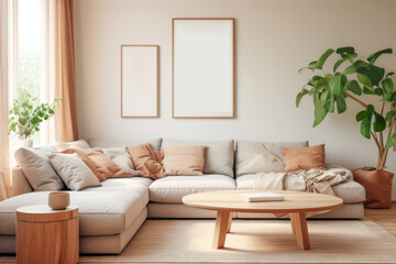 modern living room interior design with a mock-up wall, stylish sofa, and contemporary furniture, reflecting the essence of home decor and the comfort of a well-designed apartment.