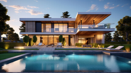 Fototapeta premium Modern villa with colored led lights at night. Nobody inside