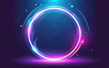 Neon rounded circle frame with shining effects on dark background with Generative AI.