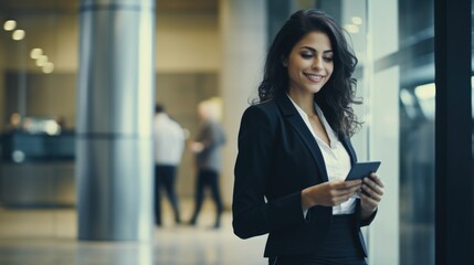 Smiling brunette woman in a black business suit and white blouse indoors at a bank with a smartphone in her hands. Digital technologies.