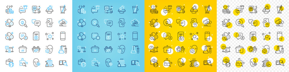Vector icons set of Face accepted, Chemistry lab and Online question line icons pack for web with Fair trade, Co2 gas, Radiator outline icon. Smartphone, Silicon mineral, Deflation pictogram. Vector