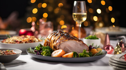 Christmas Dinner tabletop, beautifully decorated with creamy bokeh christmas lights in the...
