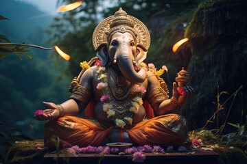 Hindu God Ganesha with flowers - obrazy, fototapety, plakaty