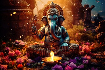 Hindu God Ganesha with flowers