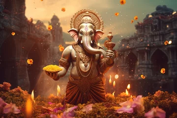 Tuinposter Hindu God Ganesha with flowers © Rudsaphon