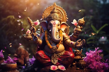 Fototapeta premium Hindu God Ganesha with flowers