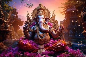 Fototapeta premium Hindu God Ganesha with flowers