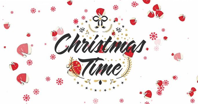 Animation of christmas time text with santa hats and snowflakes falling on white background